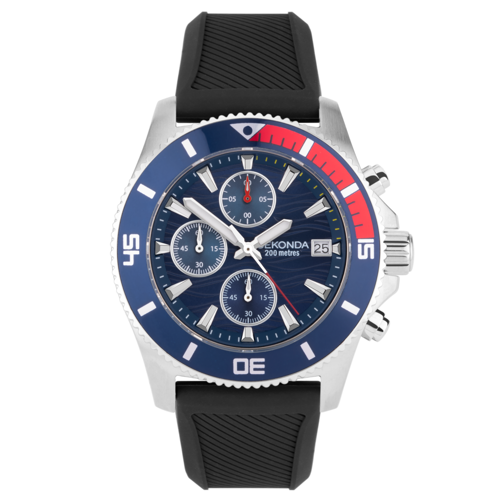 Sekonda Pacific Wave – Orologio Uomo Subacqueo, Cinturino In Silicone Nero, Cassa Acciaio, Quadrante Onde Blu, 200m WR